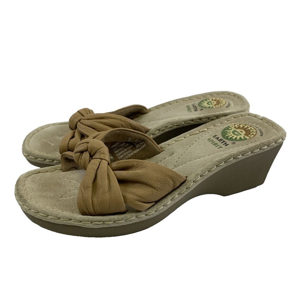 Earth Spirit Liberty Wedge Sandal Gelron 2000 Tan Leather Slip On Womens 7.5